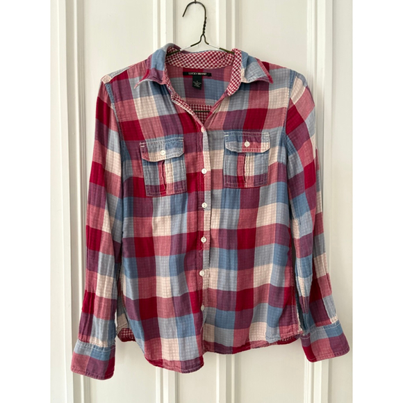 Lucky Brand womens Red Blue and cream Plaid Flannel Shirt Size S - Picture 1 of 3